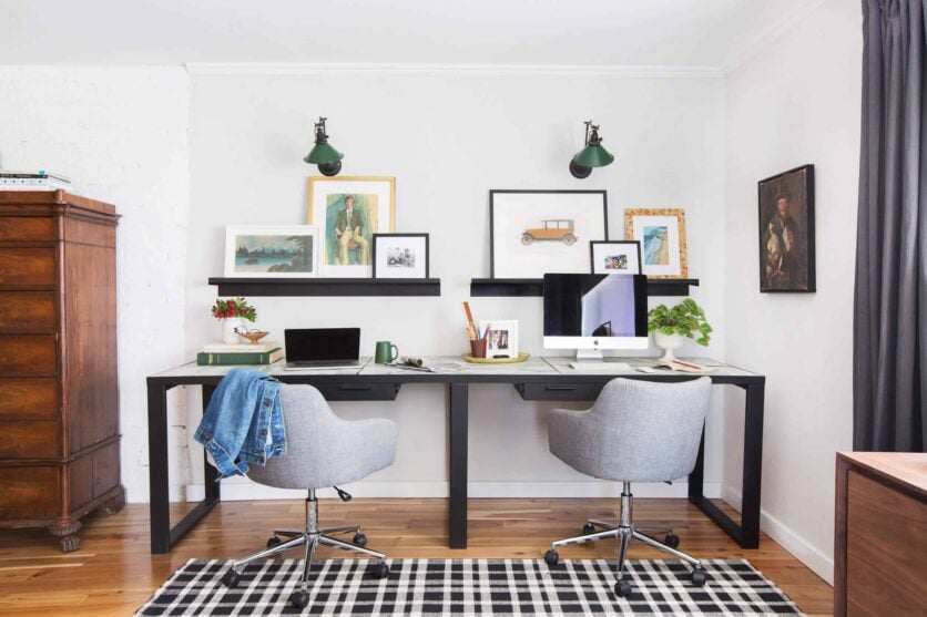 emily-henderson_framebridge_art-ledge_brians-office_masculine-office_guy_green_plaid-rug_workspace_modern_eclectic_1